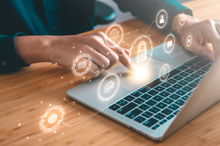 Data Security system concept, Business man use laptop with security icon screen, innovation technology, cloud computing, internet network communicationの写真素材