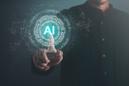 Digital information technology concept. Businessman touching artificial intelligence icon. Chatbot and AI concept.の写真素材