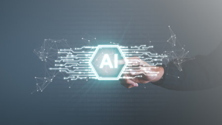 Digital information technology concept. Businessman touching artificial intelligence icon. Chatbot and AI concept.の写真素材