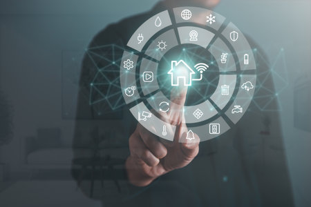 Man touching smart home interface. smart home automation and Internet of Things (IoT) technology concept.の写真素材