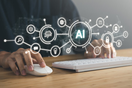 Digital information technology concept. Businessman touching artificial intelligence icon. Chatbot and AI concept.の写真素材