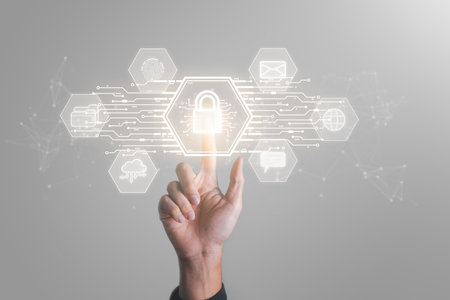 Data Security system concept, Business man use laptop with security icon screen, innovation technology, cloud computing, internet network communicationの写真素材