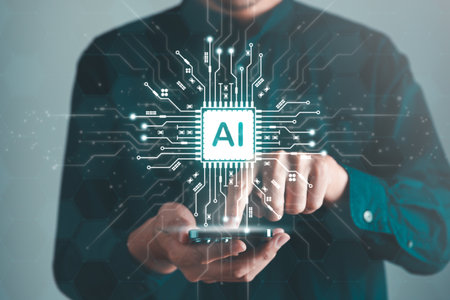 Digital information technology concept. Businessman touching artificial intelligence icon. Chatbot and AI concept.の写真素材