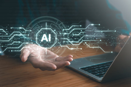 Digital information technology concept. Businessman touching artificial intelligence icon. Chatbot...