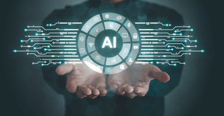 Digital information technology concept. Businessman touching artificial intelligence icon. Chatbot and AI concept.の写真素材