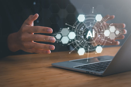 Digital information technology concept. Businessman touching artificial intelligence icon. Chatbot and AI concept.の写真素材