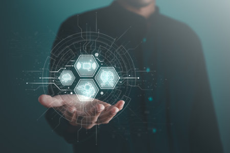 Digital information technology concept. Businessman touching artificial intelligence icon. Chatbot and AI concept.の写真素材