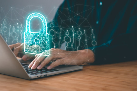 Data Security system concept, Business man use laptop with security icon screen, innovation technology, cloud computing, internet network communicationの写真素材