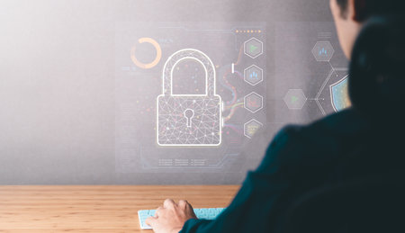 Data Security system concept, Business man use laptop with security icon screen, innovation technology, cloud computing, internet network communicationの写真素材