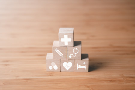 Wooden block medical icons. Health medical and health insurance concept.の写真素材
