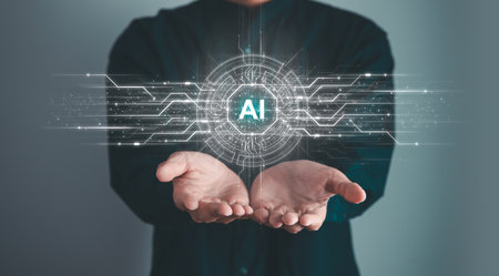 Digital information technology concept. Businessman and artificial intelligence icon on the screen. Chatbot and AI concept.の写真素材