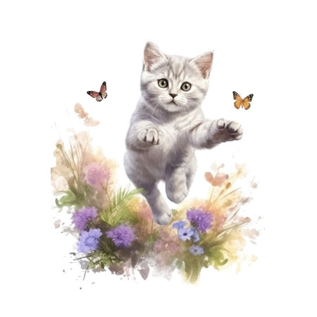 Watercolor painting of cute British Shorthair Kitten isolated on white background, Digital art, Generative AIの素材