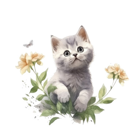 Watercolor painting of cute British Shorthair Kitten isolated on white background, Digital art, Generative AIの素材
