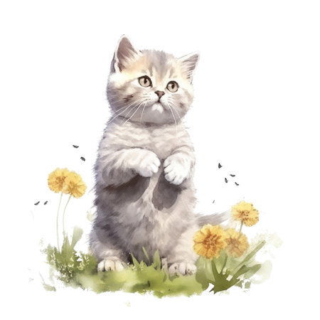 Watercolor painting of cute British Shorthair Kitten isolated on white background, Digital art, Generative AIの素材