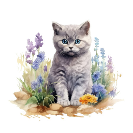 Watercolor painting of cute British Shorthair Kitten isolated on white background, Digital art, Generative AIの素材