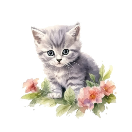 Watercolor painting of cute British Shorthair Kitten isolated on white background, Digital art, Generative AIの素材