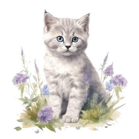 Watercolor painting of cute British Shorthair Kitten isolated on white background, Digital art, Generative AIの素材