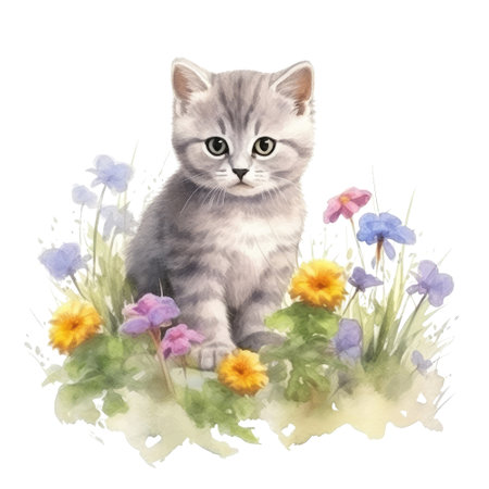 Watercolor painting of cute British Shorthair Kitten isolated on white background, Digital art, Generative AIの素材