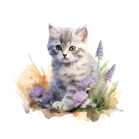 Watercolor painting of cute British Shorthair Kitten isolated on white background, Digital art, Generative AIの素材