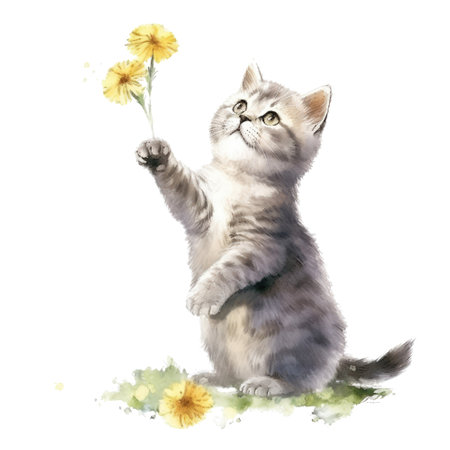 Watercolor painting of cute British Shorthair Kitten isolated on white background, Digital art, Generative AIの素材