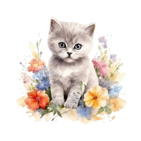 Watercolor painting of cute British Shorthair Kitten isolated on white background, Digital art, Generative AIの素材