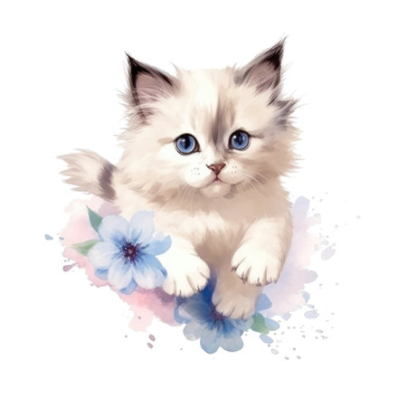 Watercolor painting of Ragdoll Kitten isolated transparent background, Digital art, PNG image file format, Generative AIの素材