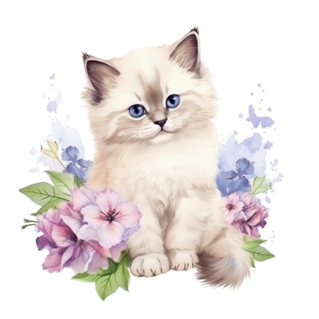 Watercolor painting of Ragdoll Kitten isolated transparent background, Digital art, PNG image file format, Generative AIの素材