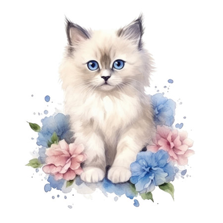 Watercolor painting of Ragdoll Kitten isolated transparent background, Digital art, PNG image file format, Generative AIの素材
