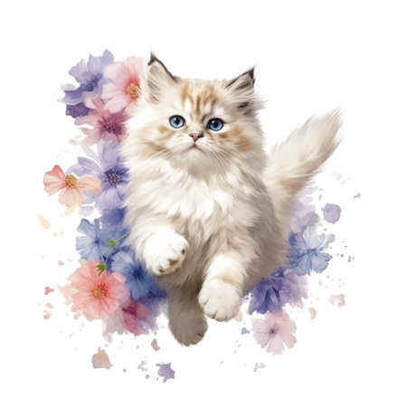 Watercolor painting of Ragdoll Kitten isolated transparent background, Digital art, PNG image file format, Generative AIの素材