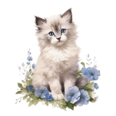 Watercolor painting of Ragdoll Kitten isolated transparent background, Digital art, PNG image file format, Generative AIの素材