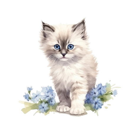 Watercolor painting of Ragdoll Kitten isolated transparent background, Digital art, PNG image file format, Generative AIの素材