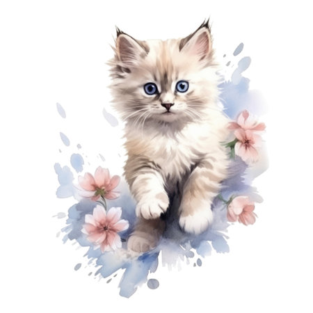 Watercolor painting of Ragdoll Kitten isolated transparent background, Digital art, PNG image file format, Generative AIの素材