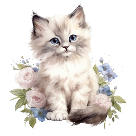 Watercolor painting of Ragdoll Kitten isolated transparent background, Digital art, PNG image file format, Generative AIの素材