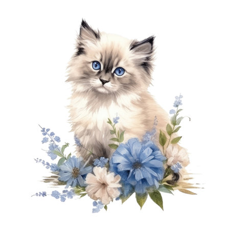 Watercolor painting of Ragdoll Kitten isolated transparent background, Digital art, PNG image file format, Generative AIの素材