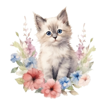 Watercolor painting of Ragdoll Kitten isolated transparent background, Digital art, PNG image file format, Generative AIの素材