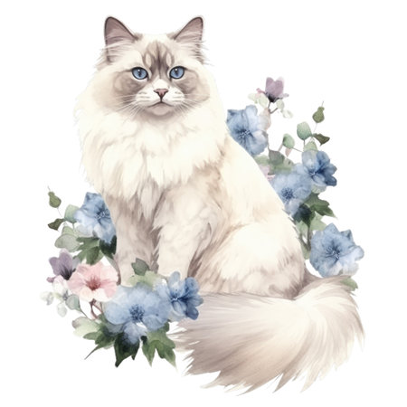 Watercolor painting of Ragdoll Cat isolated transparent background, Digital art, PNG image file format, Generative AIの素材