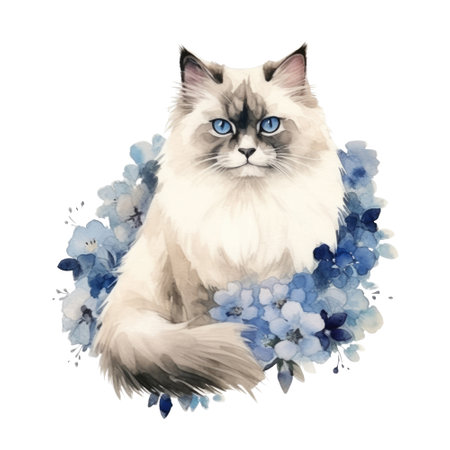 Watercolor painting of Ragdoll Cat isolated transparent background, Digital art, PNG image file format, Generative AIの素材