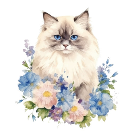 Watercolor painting of Ragdoll Cat isolated transparent background, Digital art, PNG image file format, Generative AIの素材