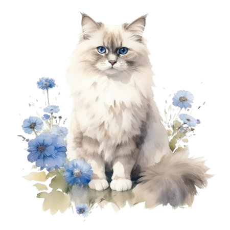 Watercolor painting of Ragdoll Cat isolated transparent background, Digital art, PNG image file format, Generative AIの素材