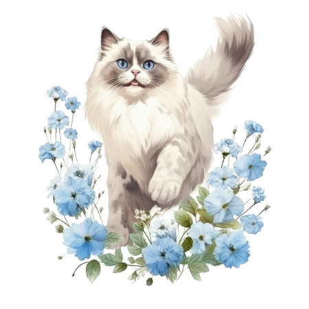Watercolor painting of Ragdoll Cat isolated transparent background, Digital art, PNG image file format, Generative AIの素材