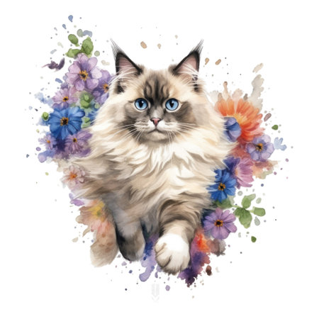 Watercolor painting of Ragdoll Cat isolated transparent background, Digital art, PNG image file format, Generative AIの素材