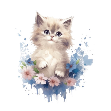 Watercolor painting of Ragdoll Kitten isolated transparent background, Digital art, PNG image file format, Generative AIの素材