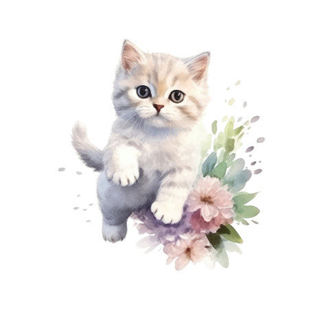 Watercolor painting of cute British Shorthair Kitten isolated on white background, Digital art, Generative AIの素材