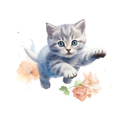 Watercolor painting of cute British Shorthair Kitten isolated on white background, Digital art, Generative AIの素材