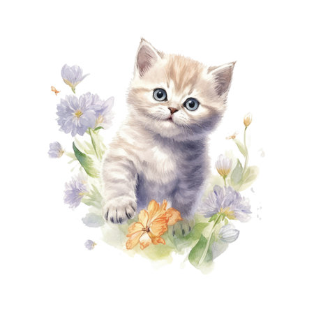 Watercolor painting of cute British Shorthair Kitten isolated on white background, Digital art, Generative AIの素材