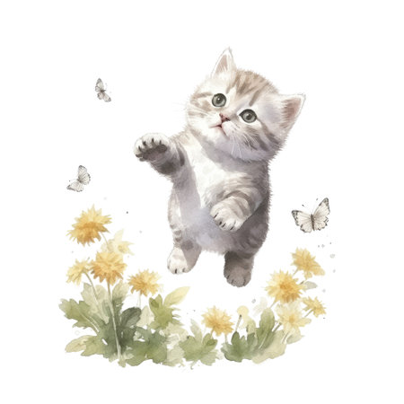 Watercolor painting of cute British Shorthair Kitten isolated on white background, Digital art, Generative AIの素材