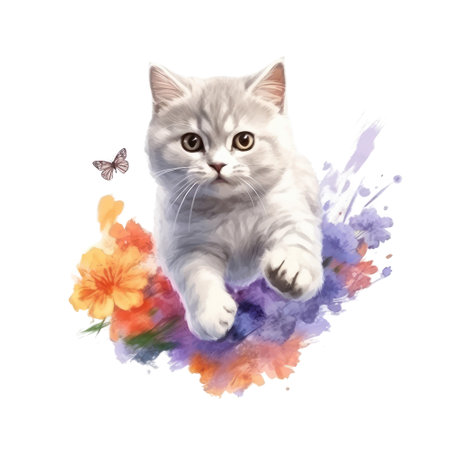 Watercolor painting of cute British Shorthair Kitten isolated on white background, Digital art, Generative AIの素材