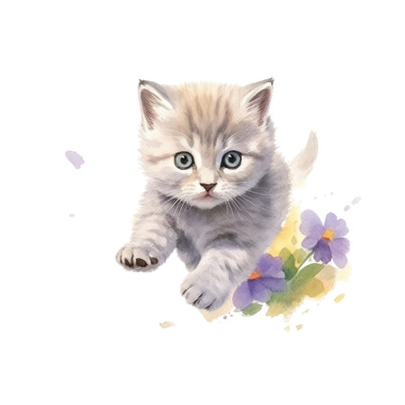 Watercolor painting of cute British Shorthair Kitten isolated on white background, Digital art, Generative AIの素材
