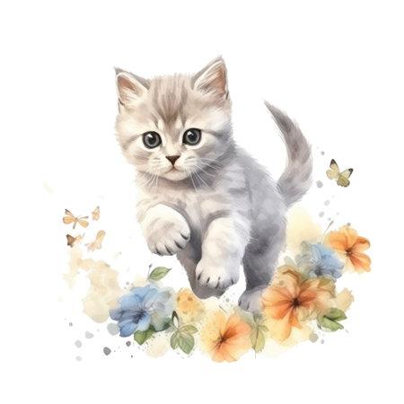 Watercolor painting of cute British Shorthair Kitten isolated on white background, Digital art, Generative AIの素材