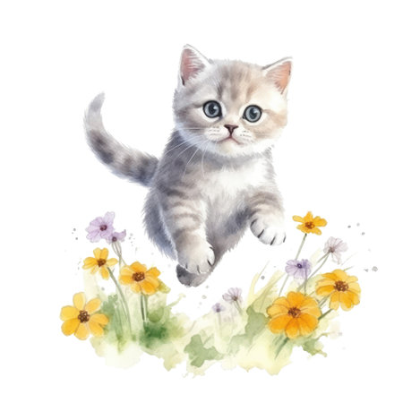 Watercolor painting of cute British Shorthair Kitten isolated on white background, Digital art, Generative AIの素材